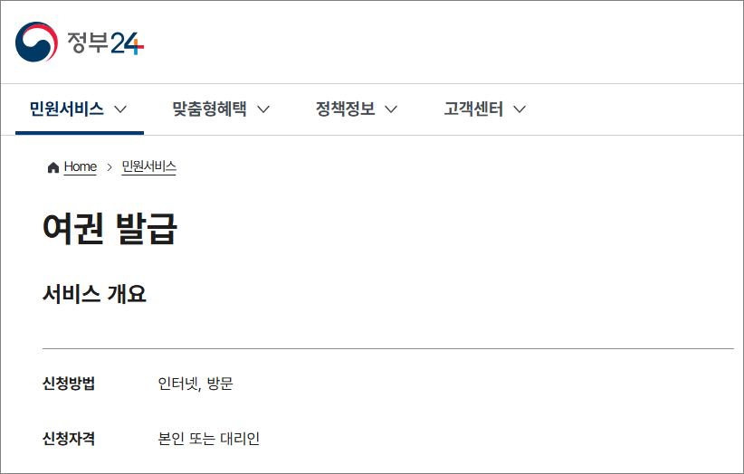 정부24에서 여권발급을 온라인으로 신청하는 화면 모습 - 여권발급, 온라인신청, 정부24 (관련이미지)