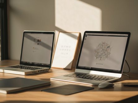 나무 책상 위에 놓인 가족 사진 앨범과 따뜻한 차 한 잔, 메모장