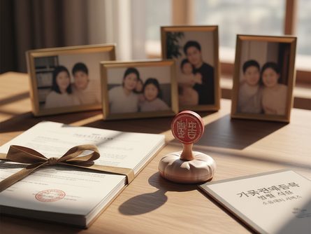 법률 서류와 가족 사진, 도장이 놓인 나무 책상 위