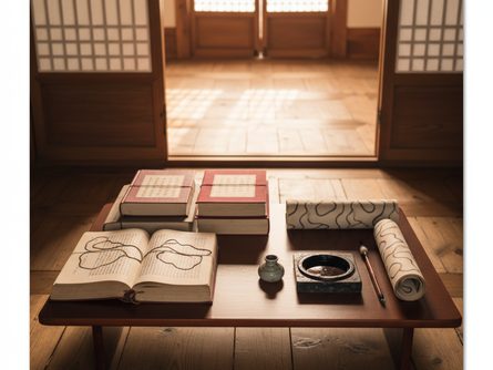 전통 한옥 건물과 유교 경전이 놓인 나무 책상, 붓과 벼루가 함께 배치된 모습