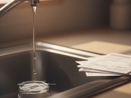 물방울이 떨어지는 수도꼭지와 계량기, 청구서 서류가 놓인 주방 싱크대