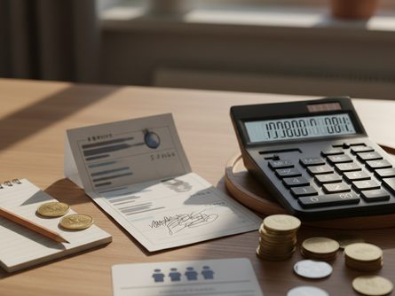 청구서와 계산기, 동전이 놓인 책상 위의 모습