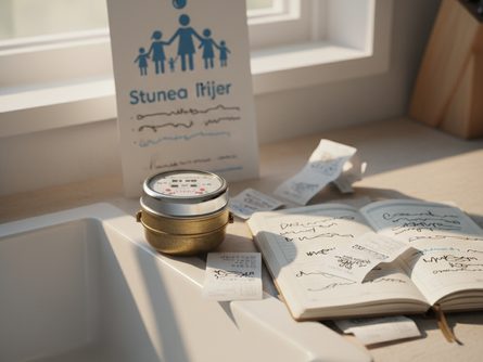 주방 싱크대 위에 놓인 수도계량기와 가계부, 영수증이 함께 있는 모습