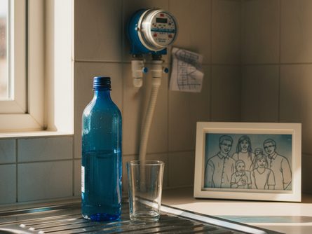 주방 싱크대 위에 놓인 파란색 물병과 유리컵, 수도 계량기, 가족 사진이 함께 있는 모습