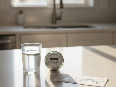 주방 싱크대 위에 놓인 투명한 유리컵에 물이 담겨 있고, 옆에 수도 계량기와 청구서 봉투가 놓인 깨끗한 주방 조리대
