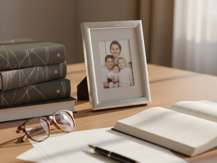 나무 책상 위에 놓인 법률 서적, 안경, 가족 사진 액자, 펜과 노트