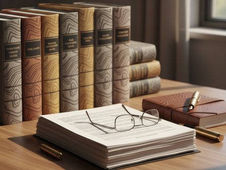 법률 서류와 안경, 펜이 놓인 책상 위에 법전과 판례집이 정돈되어 있는 모습