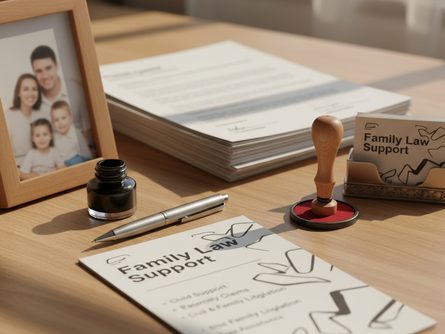 법률 서류가 놓인 나무 책상 위에 가족 사진 액자와 볼펜, 인장이 함께 배치된 모습