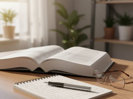 상담실 책상 위에 펼쳐진 법률 서적과 상담 기록 노트, 옆에 놓인 볼펜과 안경