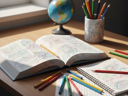 펼쳐진 교과서와 노트, 색연필이 놓인 책상 위 학용품