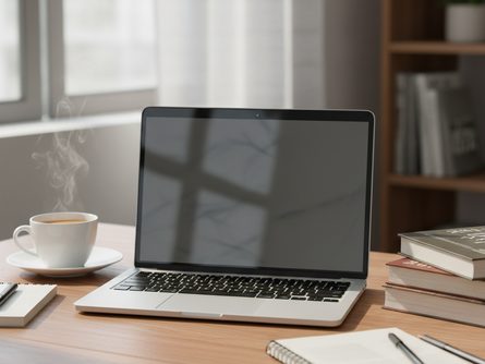 책상 위에 놓인 노트북 컴퓨터와 교과서, 펜, 노트, 커피잔이 있는 학습 환경