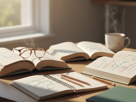책상 위에 펼쳐진 여러 교육 교재와 노트, 연필, 안경이 놓여 있는 모습