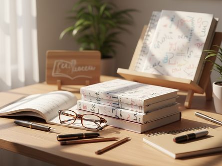 책상 위에 놓인 교육 관련 서적과 노트, 필기구, 그리고 나무 재질의 책꽂이와 안경