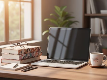 책상 위에 놓인 학습 교재와 노트북, 필기구, 안경, 커피잔이 있는 모습