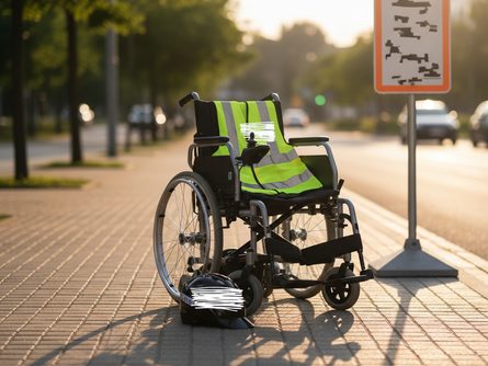 실외 보도에 놓인 전동 휠체어와 주변에 안전 헬멧, 반사 조끼, 교통 표지판이 함께 배치된 모습