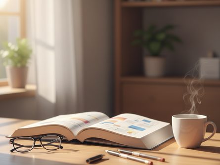 책상 위에 놓인 펼쳐진 교재, 필기구, 안경, 커피 잔이 있는 학습 환경