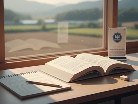 책상 위에 놓인 교과서, 노트, 연필, 지우개와 창문으로 들어오는 햇빛