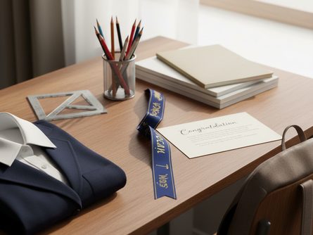 나무 책상 위에 놓인 학용품들과 신입생 환영 리본, 축하 카드, 교복 일부가 함께 배치된 모습