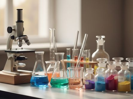 실험용 비커와 시험관, 현미경, 색색의 화학약품병이 놓인 과학실험 책상