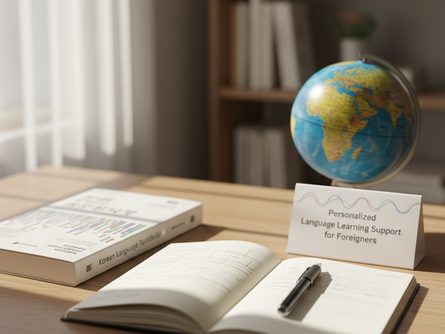 노트와 펜, 한국어 교재, 지구본이 놓인 책상 위