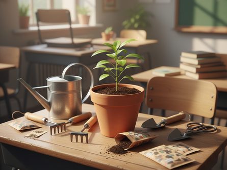 교실 책상 위에 놓인 화분과 원예 도구, 씨앗 봉지들이 있는 장면