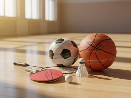 탁구 라켓과 공, 배드민턴 라켓, 축구공, 농구공이 놓인 체육관 바닥