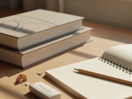 교과서와 공책, 연필, 지우개가 놓인 학교 책상 위 풍경