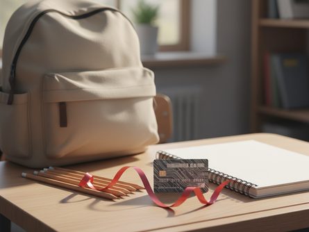 책가방과 연필, 공책이 놓인 나무 책상 위에 지역화폐 카드와 선물 리본