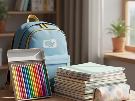 책상 위에 놓인 새 책가방, 색연필 세트, 공책 더미, 필통이 정갈하게 배치된 모습