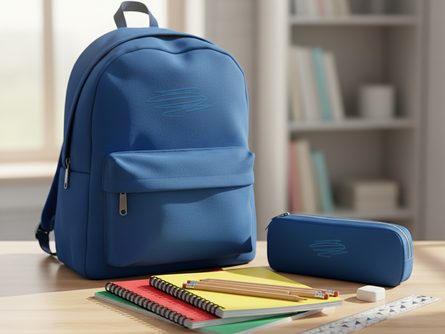 새 책가방과 필통, 공책, 연필이 정돈된 나무 책상