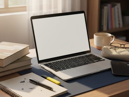 책상 위에 놓인 노트북과 교과서, 필기구, 스마트폰이 함께 배치된 학습 공간