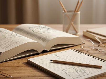 펼쳐진 교재와 노트, 연필이 놓인 나무 책상 위 학습 도구들