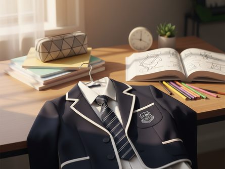 새 교복이 걸린 옷걸이와 학용품이 놓인 책상 위 풍경