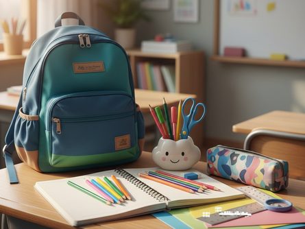 책상 위에 놓인 색연필, 공책, 가방과 함께 아이들이 사용하는 학용품이 정돈된 모습