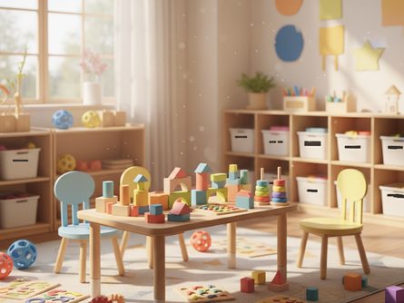 유치원 교실에 놓인 색색의 블록 장난감과 교육 교구, 작은 의자와 책상