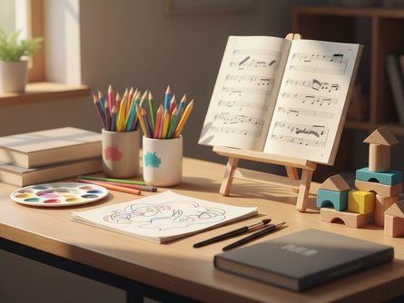 책상 위에 놓인 색연필, 미술 도구, 음악 악보, 교육용 블록