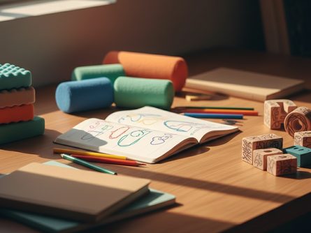 책상 위에 놓인 교육 관련 물품들, 색연필, 공책, 치료교구, 학습 도구