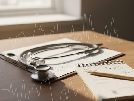 책상 위에 놓인 청진기와 의료 차트, 연필과 메모장