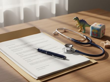 책상 위에 놓인 서류 폴더, 펜, 청진기, 어린이 장난감