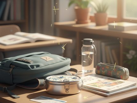 책가방과 도시락통, 통학용 교통카드가 놓인 학생 책상