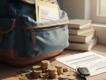 책상 위에 놓인 동전 더미와 자동차 열쇠, 학생 가방