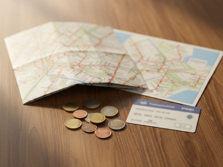 접힌 종이 지도와 버스 노선도, 교통카드, 동전들이 놓인 나무 테이블