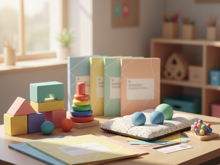 책상 위에 놓인 교육 관련 서류 파일, 컬러풀한 학습 교구, 치료 보조도구, 그리고 전자카드