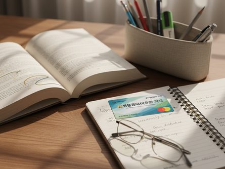 나무 책상 위에 펼쳐진 책, 필기구가 담긴 필통, 노트, 독서용 안경