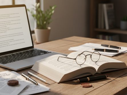 나무 책상 위에 놓인 펼쳐진 책, 필기구, 노트북, 안경