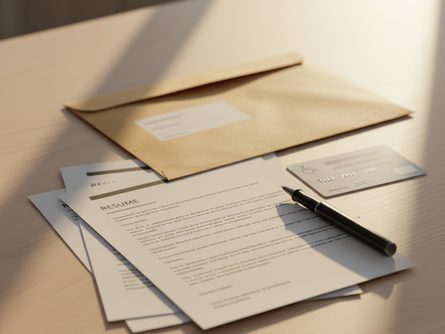 책상 위에 놓인 이력서, 볼펜, 장애인등록증, 서류 봉투