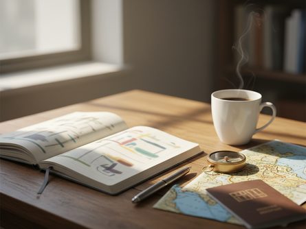 나무 책상 위에 펼쳐진 공책과 펜, 접힌 지도, 작은 나침반, 여권, 그리고 커피 잔이 놓여 있는 모습