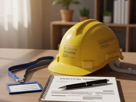 책상 위에 놓인 실습일지 노트, 안전모, 명찰, 볼펜