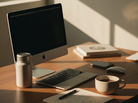 책상 위에 놓인 노트북, 경영 서적, 커피잔, 필기구가 함께 배치된 학습 공간