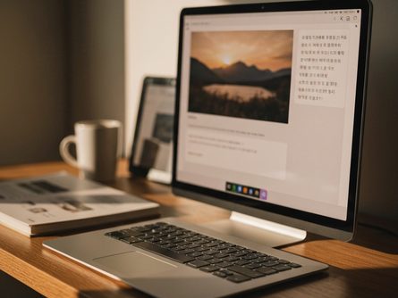 책상 위에 노트북과 메모장, 커피잔, 안경이 놓인 교육 준비 장면